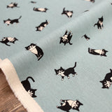 Hishiei Black Cats Cotton Linen Canvas - Blue - 50cm